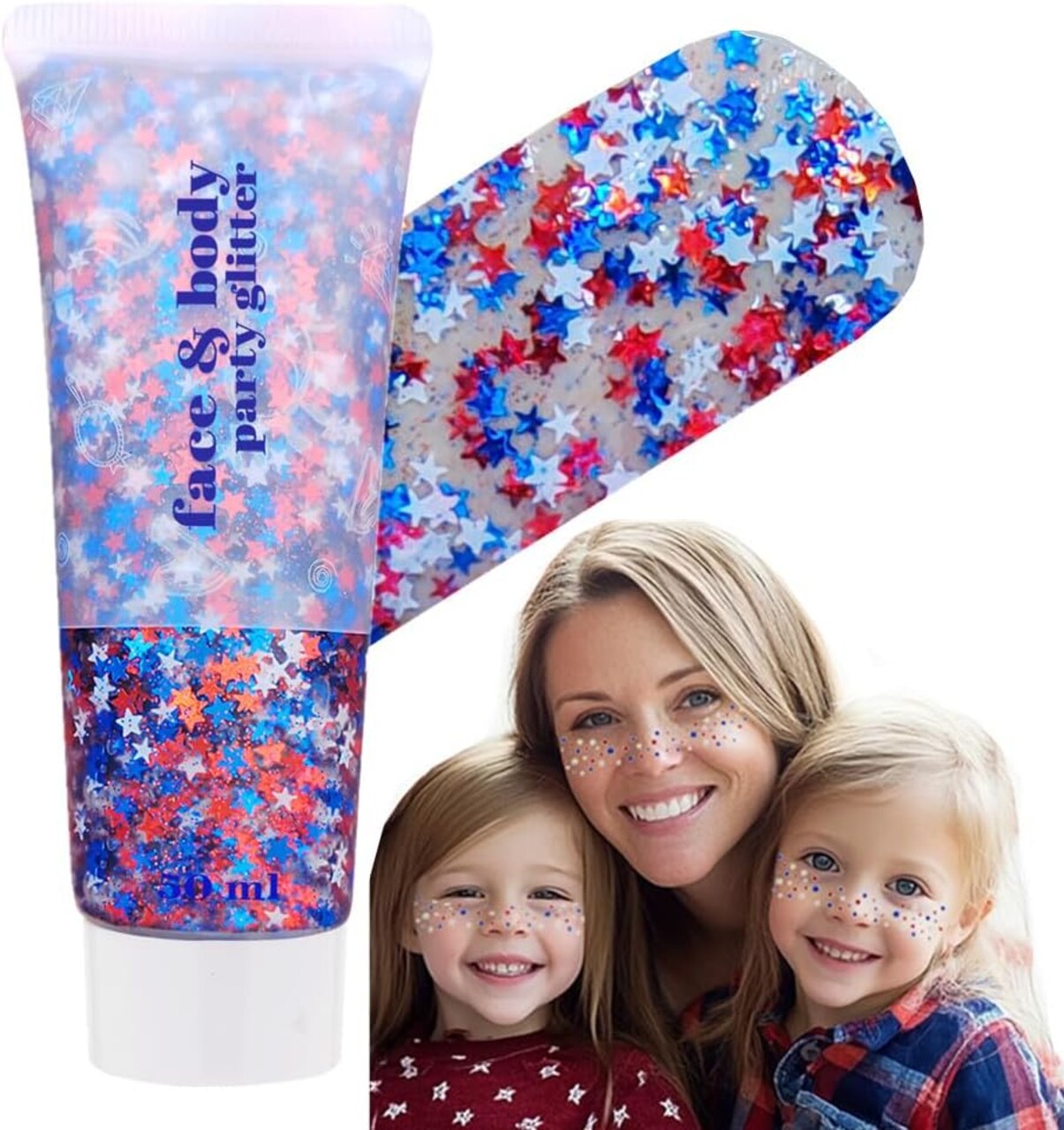 4th of July Face & Body Glitter Gel – Red, White & Blue Chunky Patriotic Glitter for Women & Kids | Independence Day Makeup, Star & Freckle Holographic Glitter for Festivals & Parades (Red White and Blue Body Glitter)